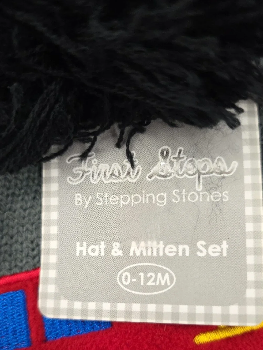 NWT First Steps Knit Kids Fire Truck Hat & Mitten Set - Gray with Black Pom
